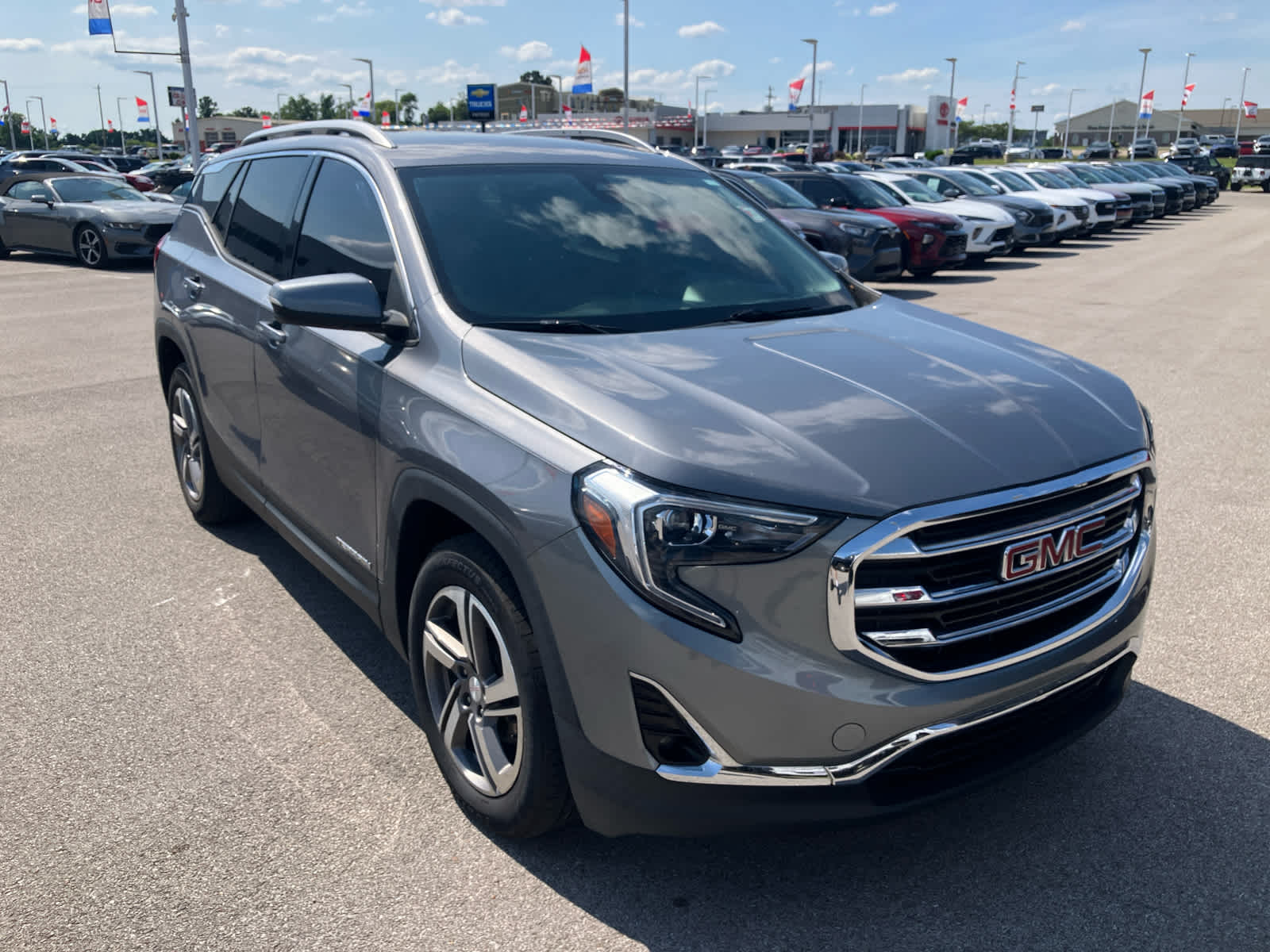 2020 GMC Terrain SLT in Satin Steel Metallic — front three-quarter view